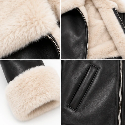 Women's Black Cropped Faux-Fur Sheep Leather Jacket manufacturing detail 5