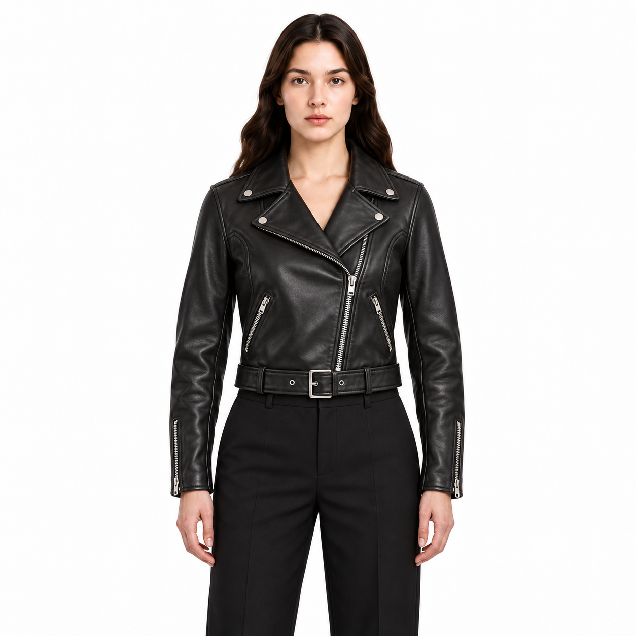 Women's Black Cropped Lambskin Biker Jacket - Custom Leather Manufacturer Sialkot Pakistan