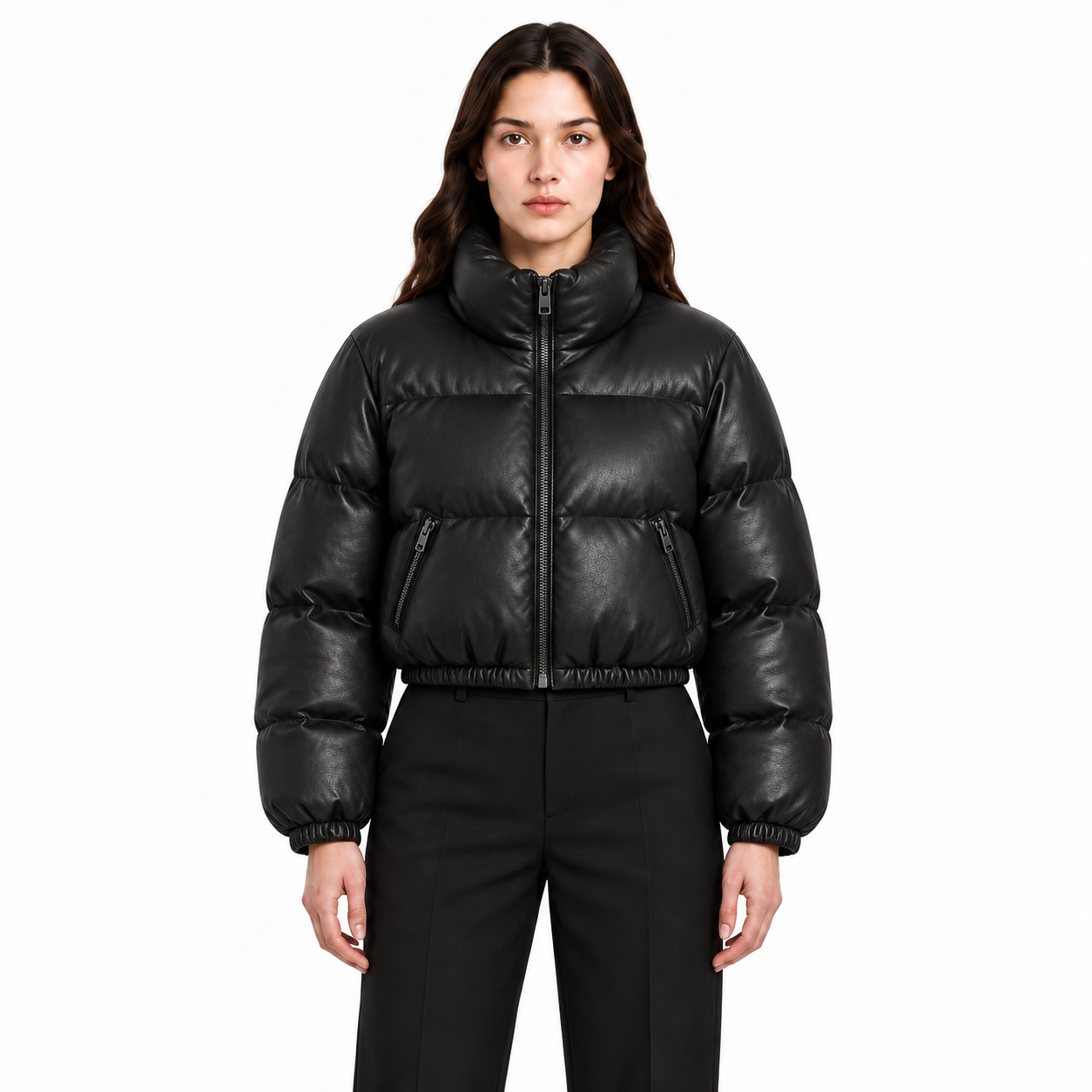Women's Black Cropped Sheep Leather Bubble Jacket