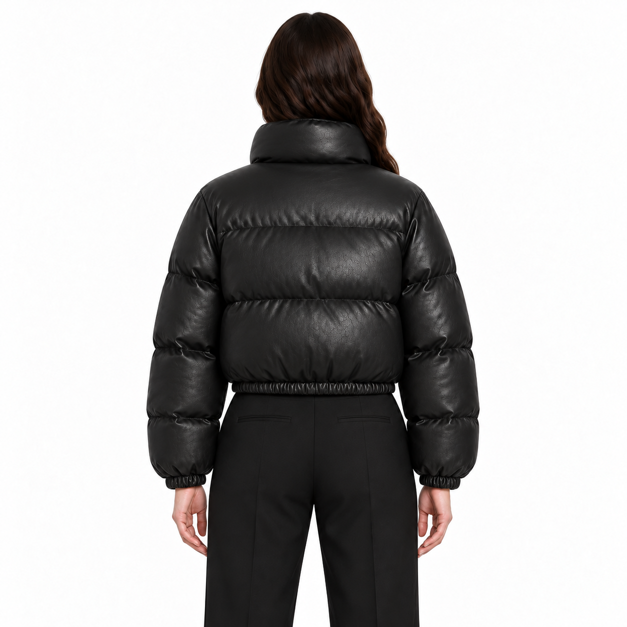Women's Black Cropped Sheep Leather Bubble Jacket manufacturing detail 2