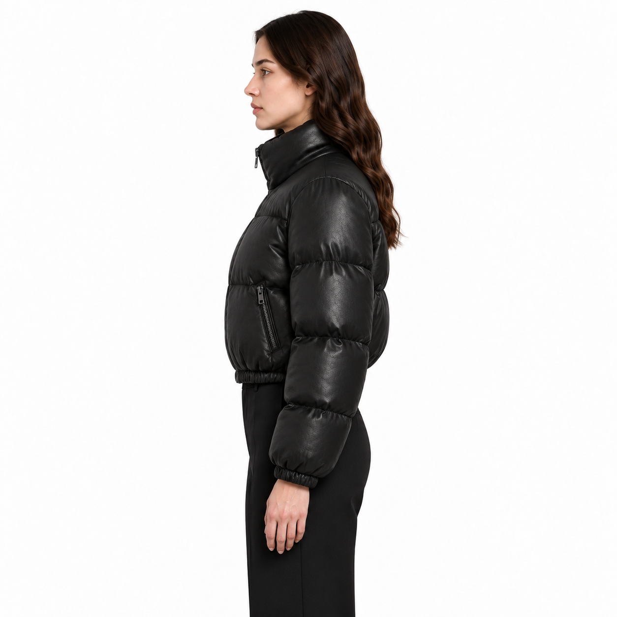 Women's Black Cropped Sheep Leather Bubble Jacket manufacturing detail 3