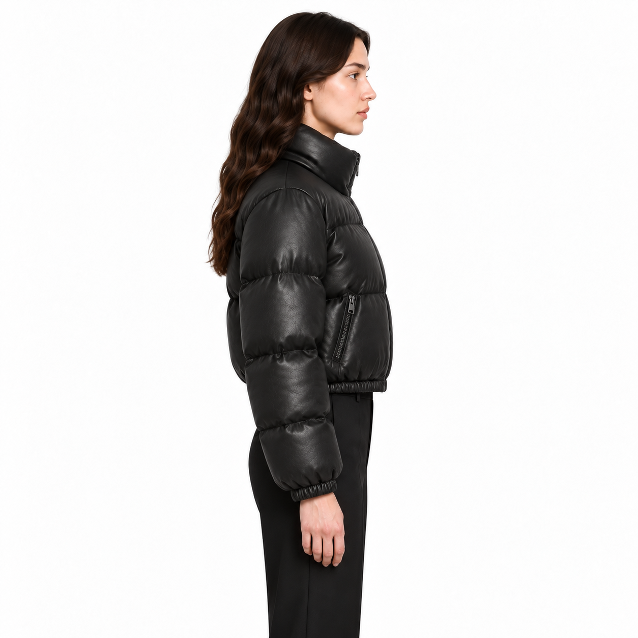 Women's Black Cropped Sheep Leather Bubble Jacket manufacturing detail 4