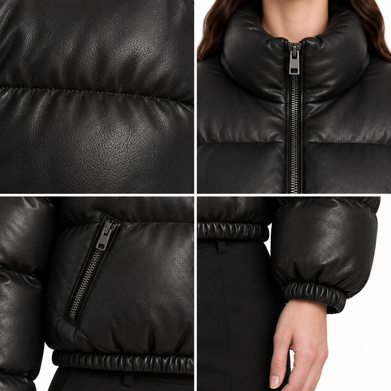 Women's Black Cropped Sheep Leather Bubble Jacket manufacturing detail 5