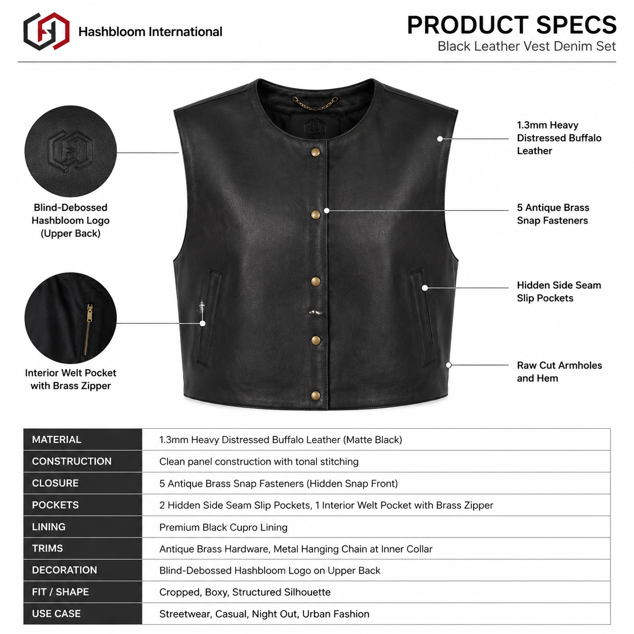 Women's Black Distressed Buffalo Leather Vest manufacturing detail 5