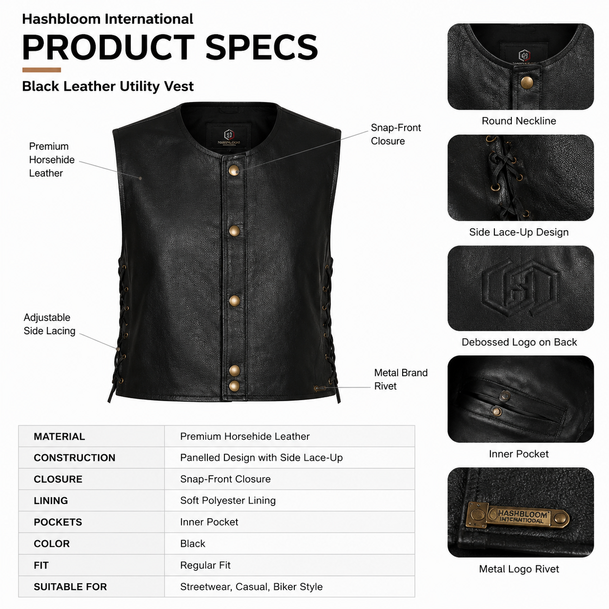Women's Black Horsehide Side-Lace Leather Vest manufacturing detail 5
