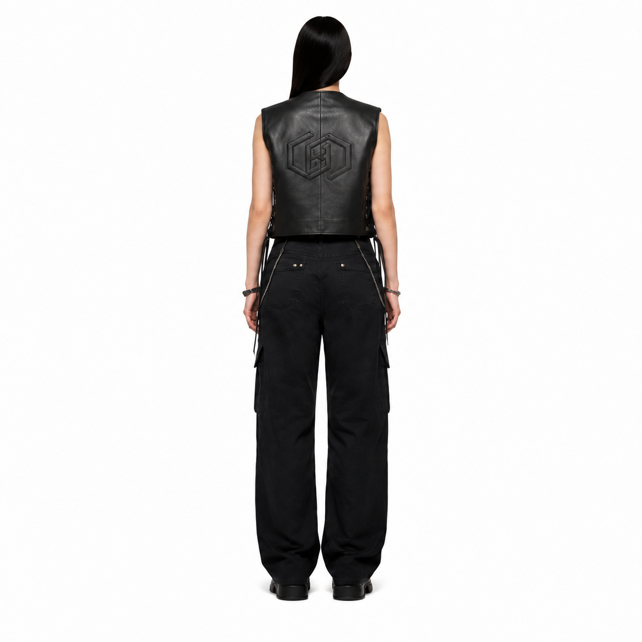 Women's Black Horsehide Side-Lace Leather Vest manufacturing detail 2