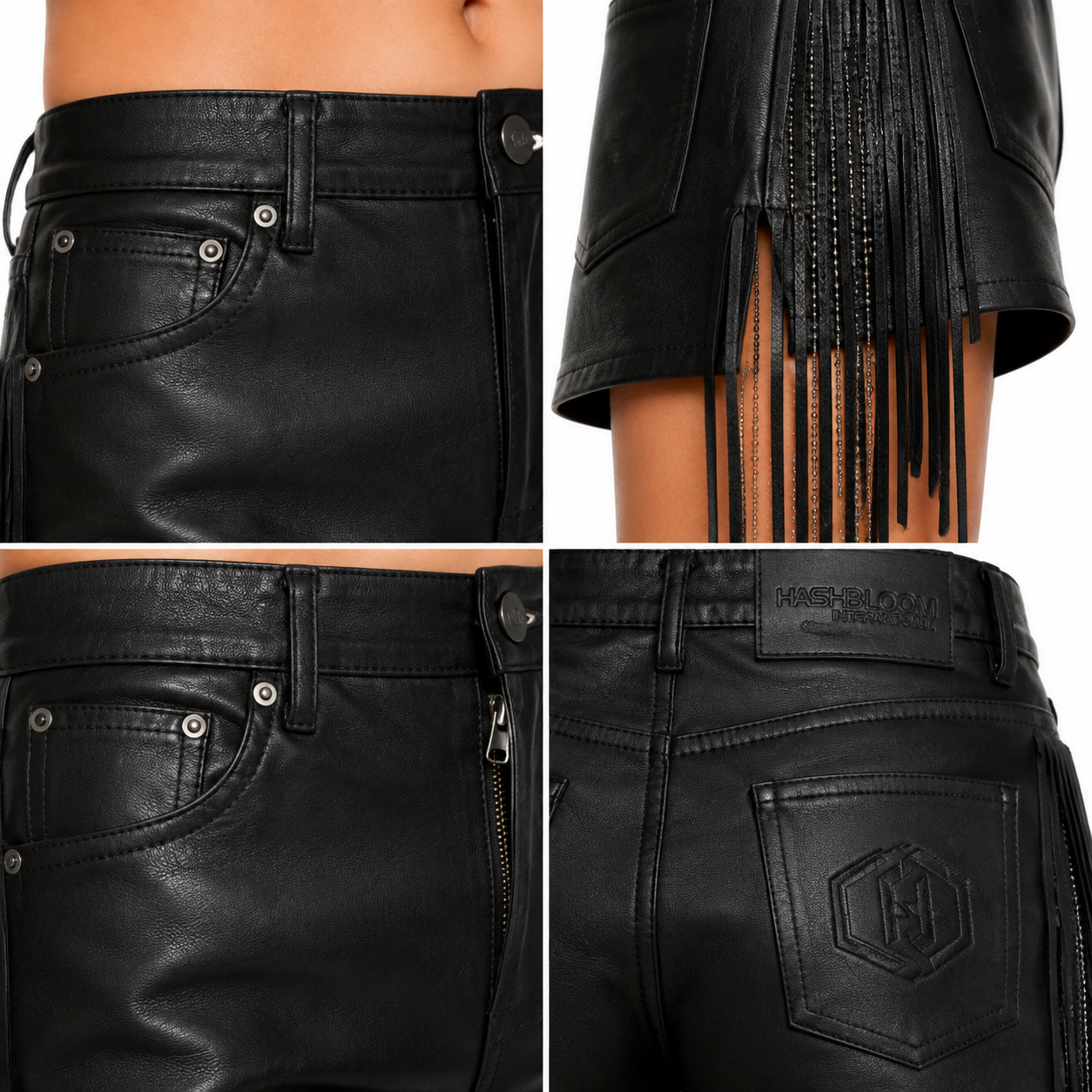 Women's Black Lambskin Fringe Leather Shorts manufacturing detail 4