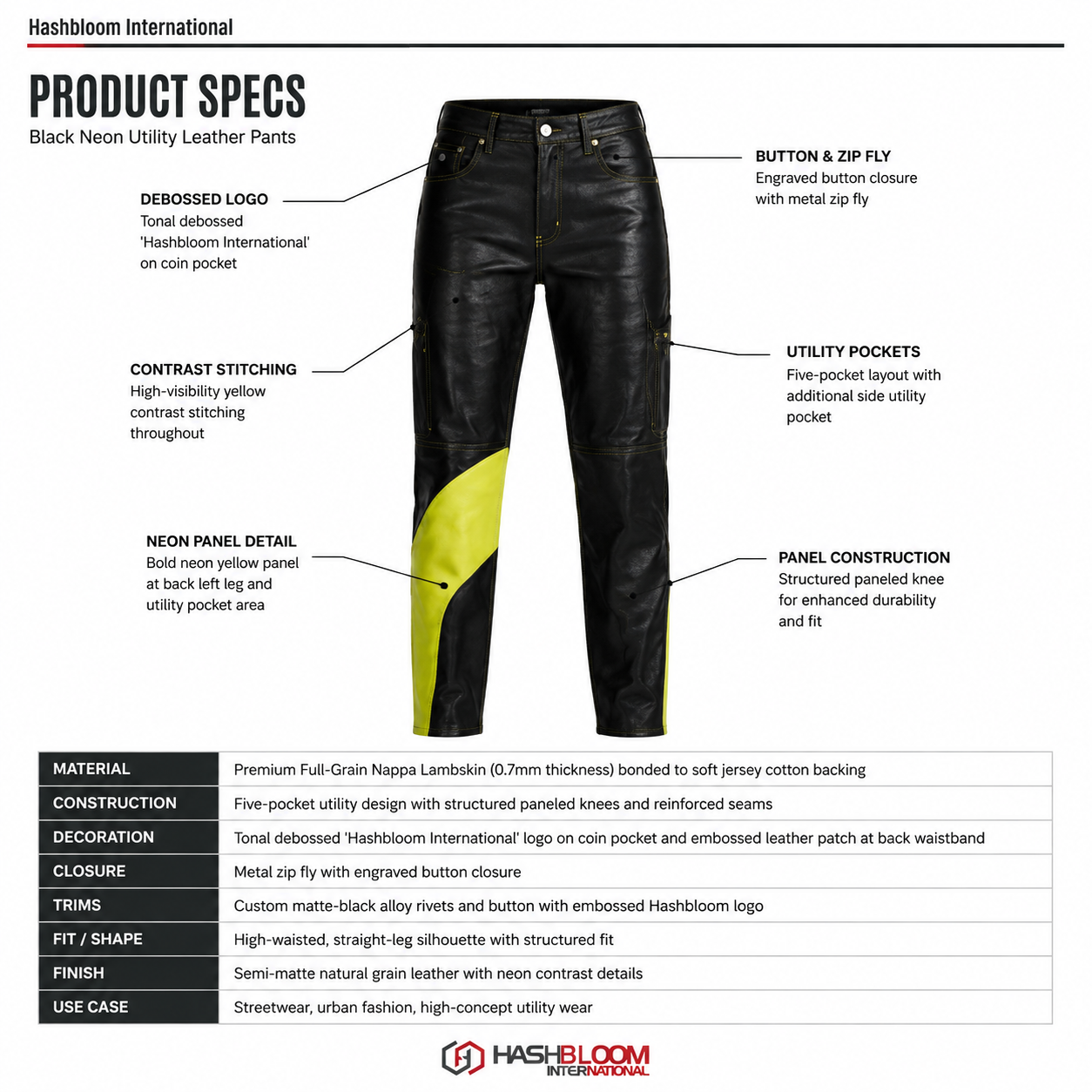 Women's Black Neon-Panel Lambskin Utility Leather Pants manufacturing detail 5
