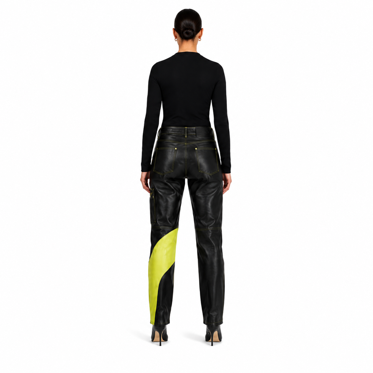 Women's Black Neon-Panel Lambskin Utility Leather Pants manufacturing detail 2