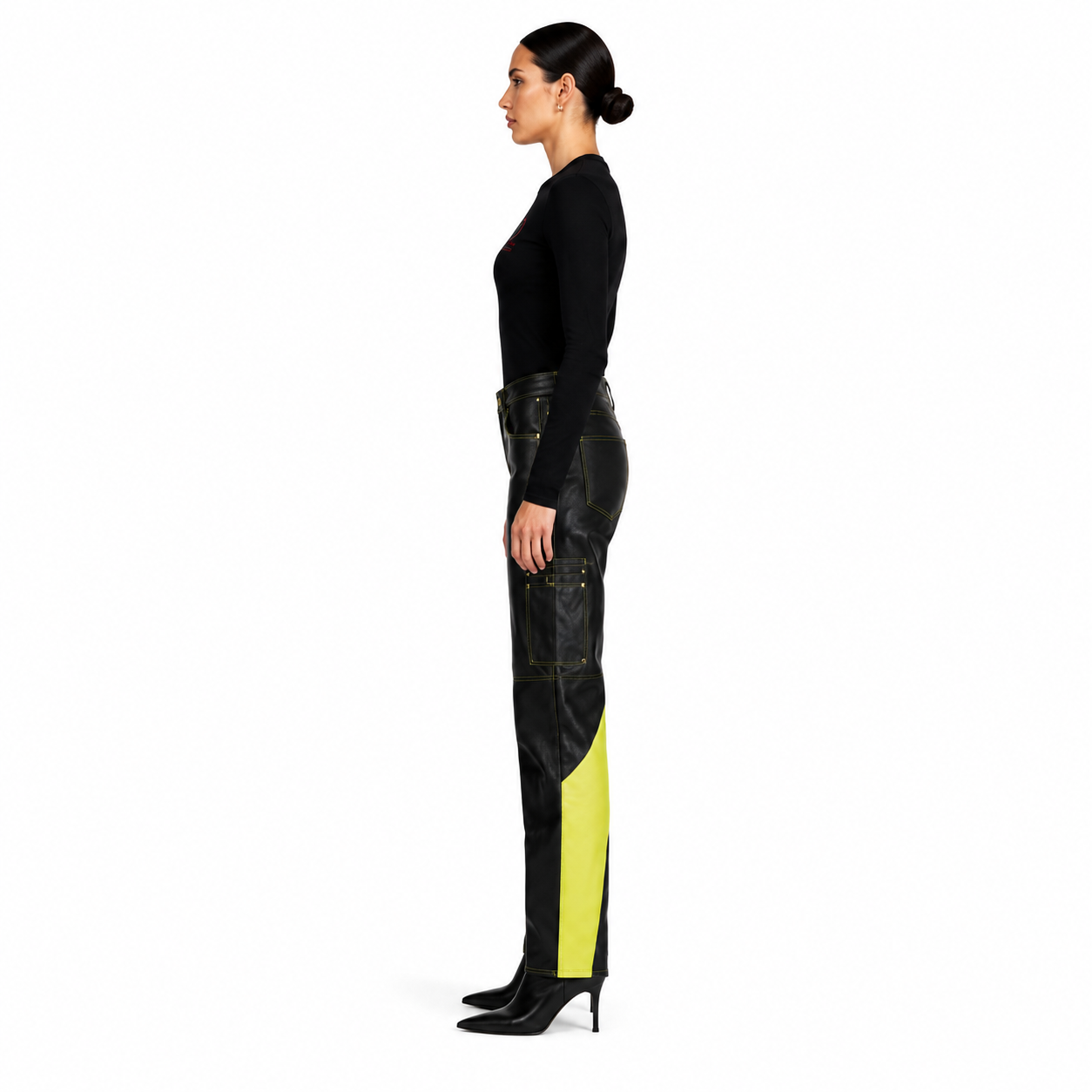 Women's Black Neon-Panel Lambskin Utility Leather Pants manufacturing detail 3