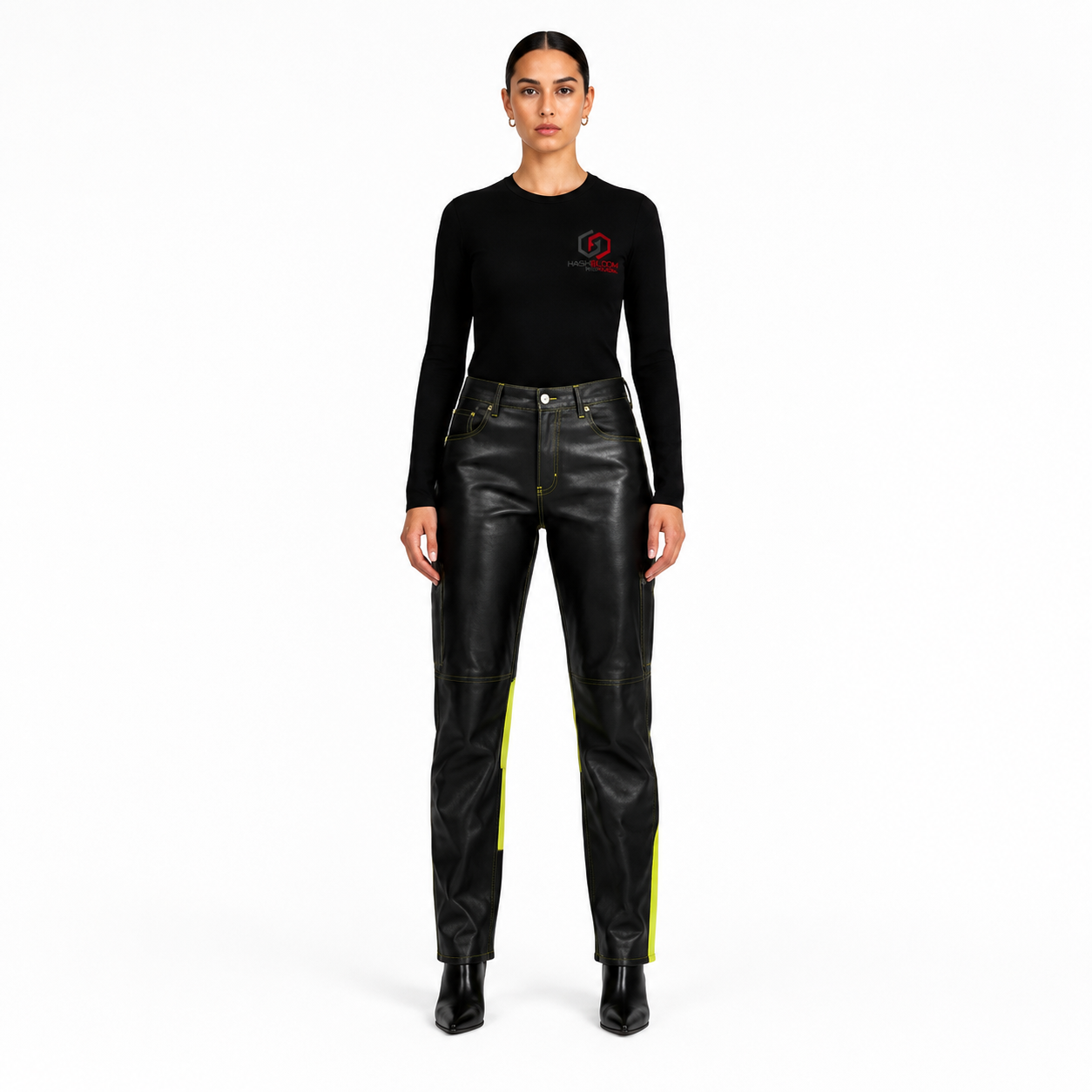 Women's Black Neon-Panel Lambskin Utility Leather Pants - Custom Leather Manufacturer Sialkot Pakistan