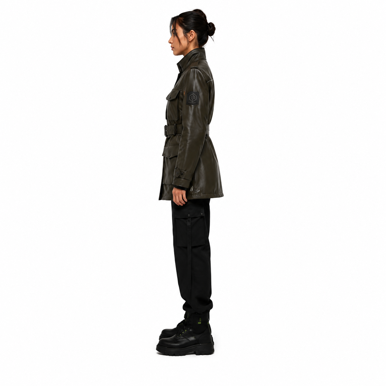Women's Black Olive Belted Leather Field Jacket manufacturing detail 3
