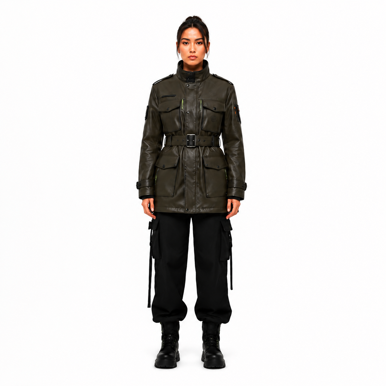 Women's Black Olive Belted Leather Field Jacket - Custom Leather Manufacturer Sialkot Pakistan