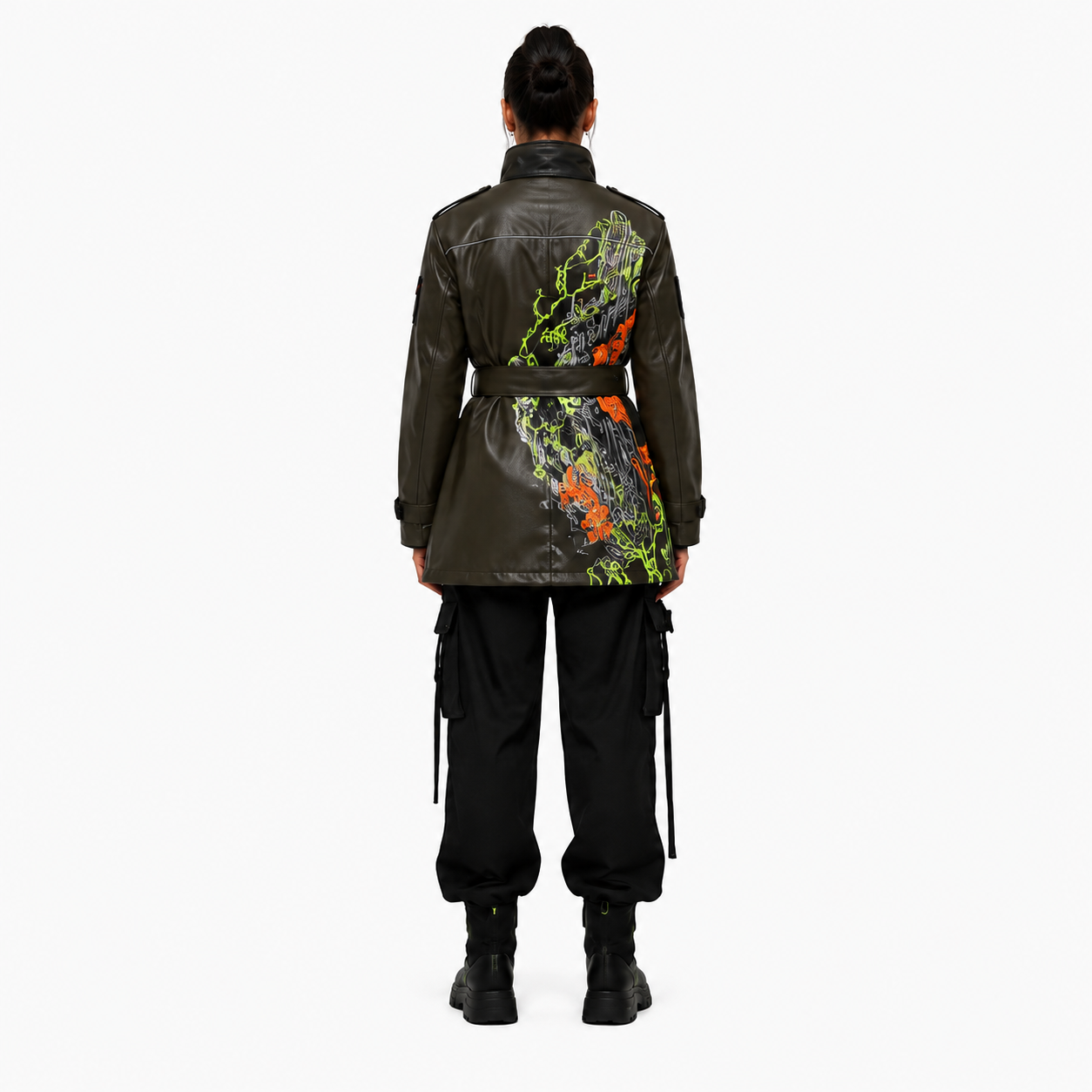 Women's Black Olive Belted Leather Field Jacket manufacturing detail 6