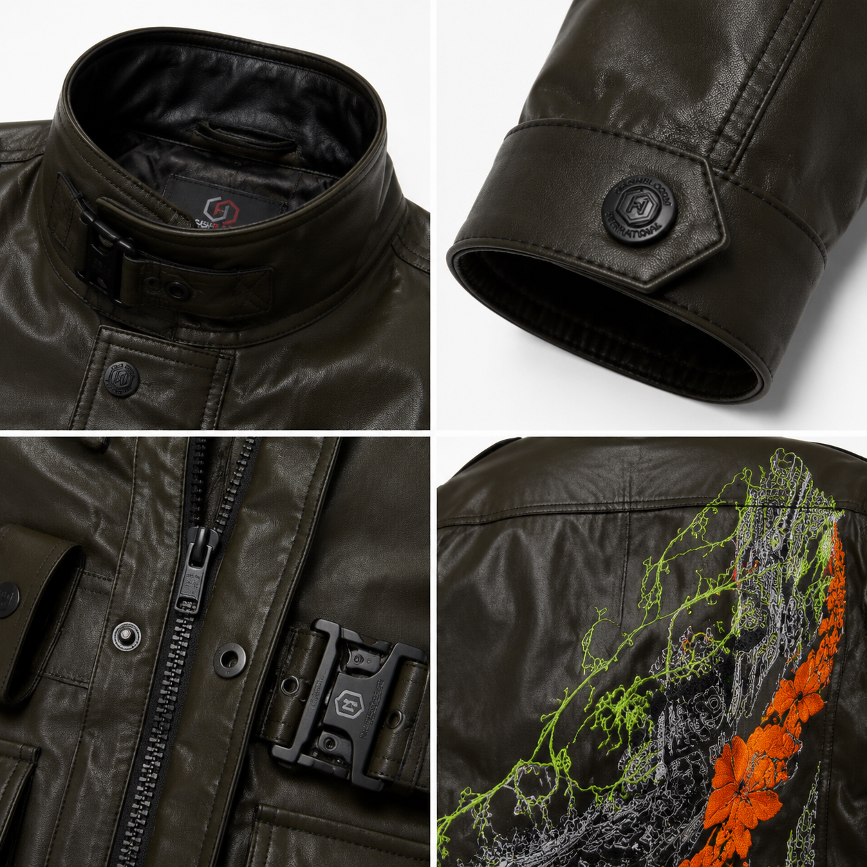 Women's Black Olive Belted Leather Field Jacket manufacturing detail 5
