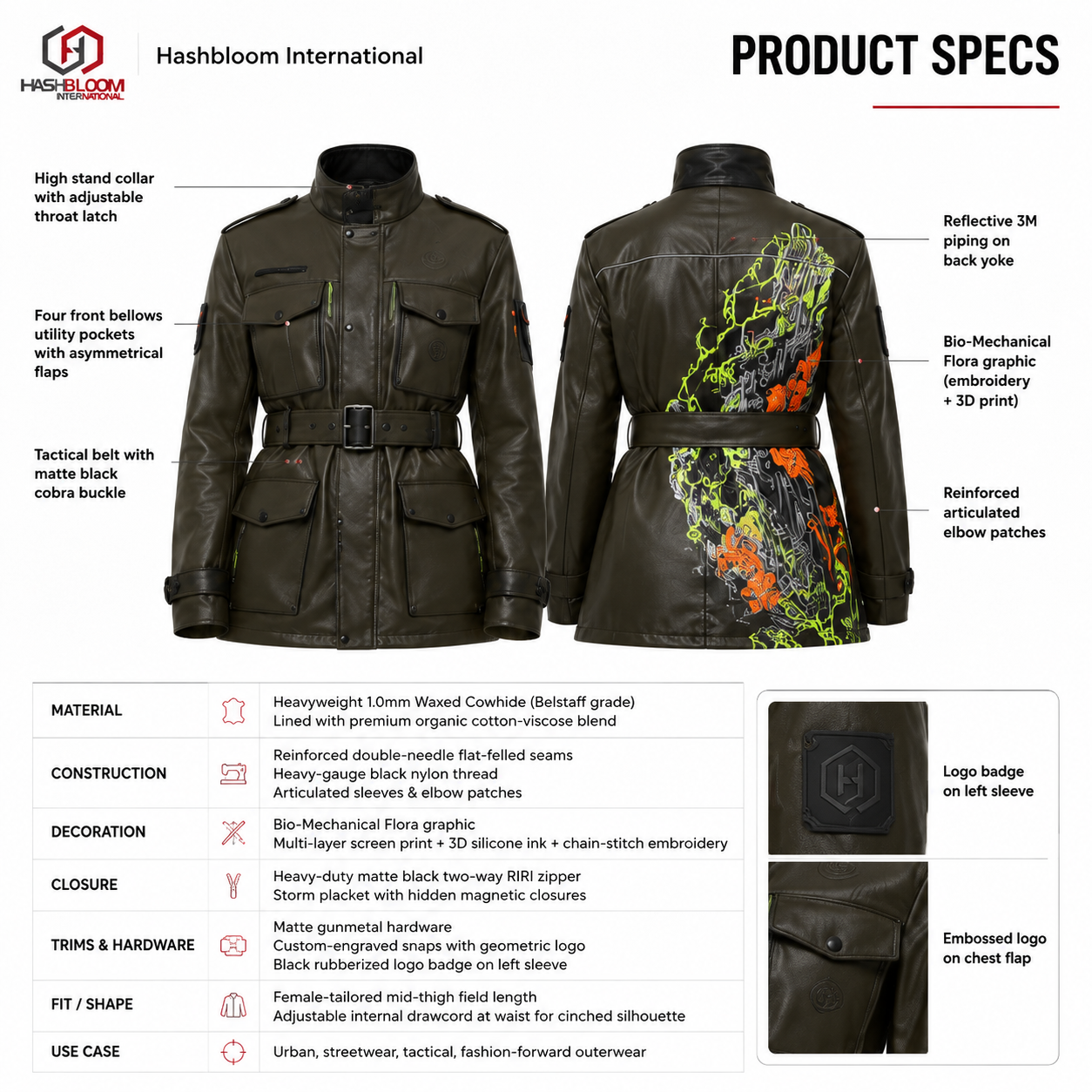 Women's Black Olive Belted Leather Field Jacket manufacturing detail 4