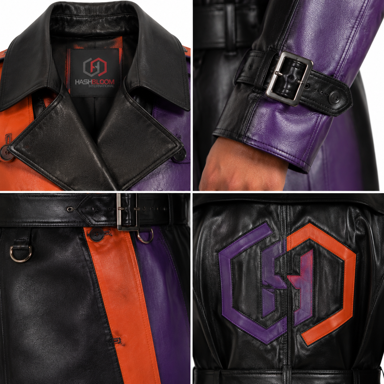 Women's Black Purple Orange Leather Statement Trench Coat manufacturing detail 4