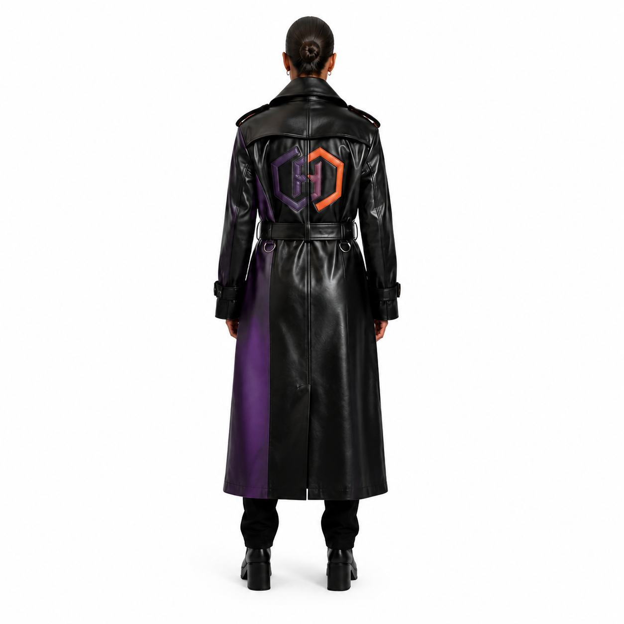 Women's Black Purple Orange Leather Statement Trench Coat manufacturing detail 2