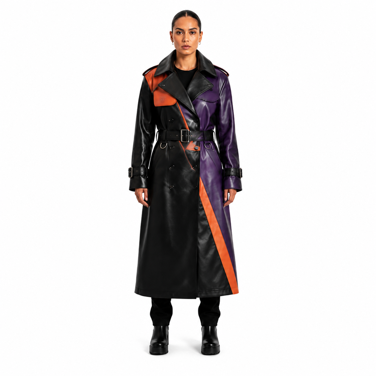 Women's Black Purple Orange Leather Statement Trench Coat - Custom Leather Manufacturer Sialkot Pakistan