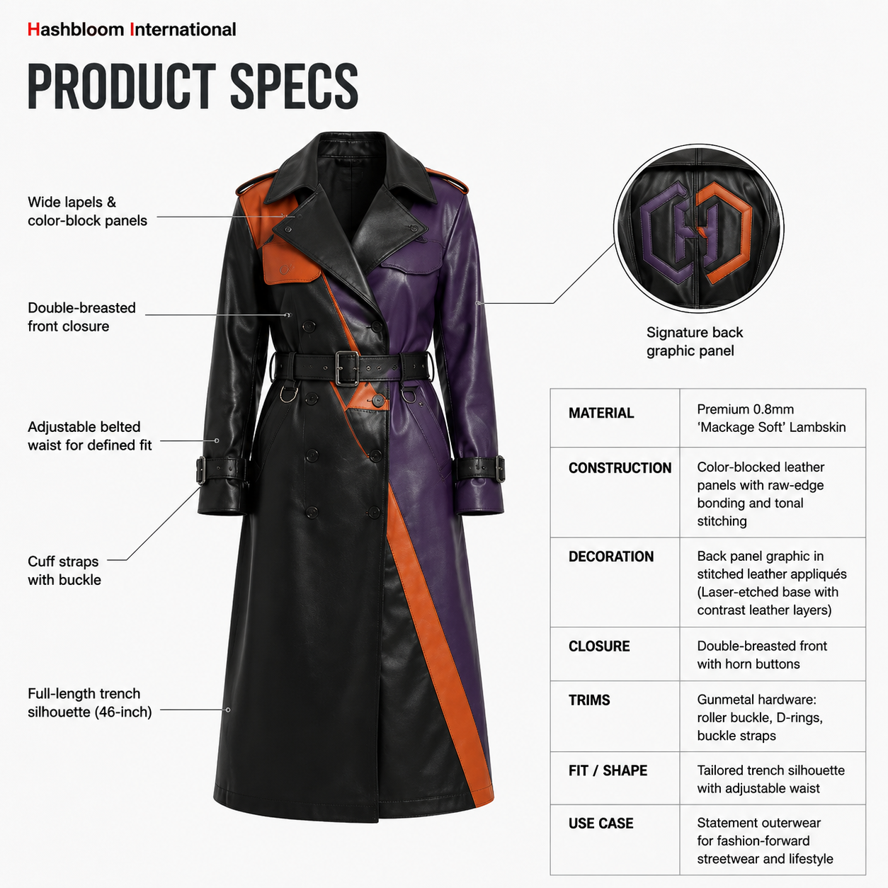 Women's Black Purple Orange Leather Statement Trench Coat manufacturing detail 3