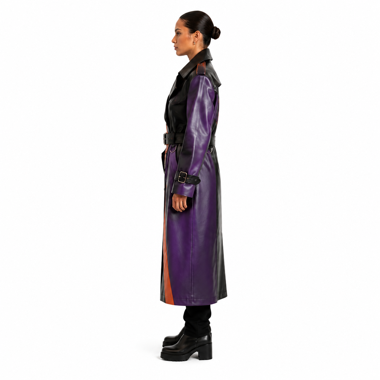 Women's Black Purple Orange Leather Statement Trench Coat manufacturing detail 5