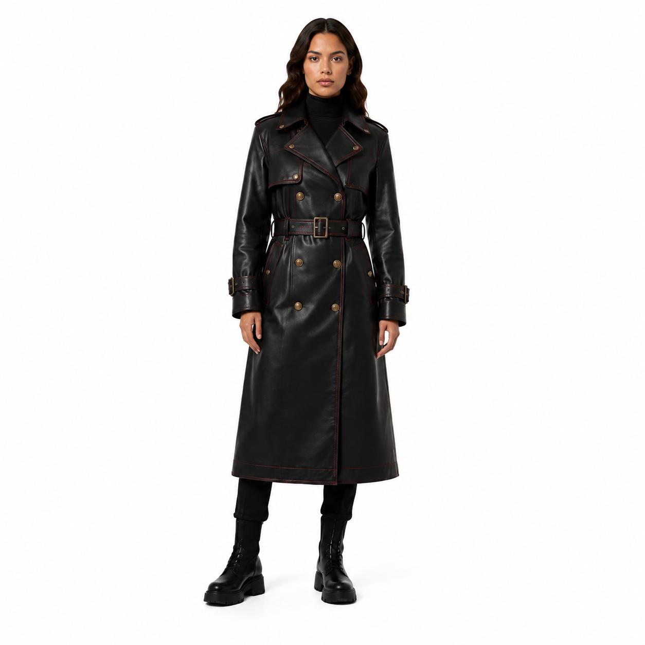 Women's Black Leather Trench Coat with Red Contrast Stitching - Custom Leather Manufacturer Sialkot Pakistan