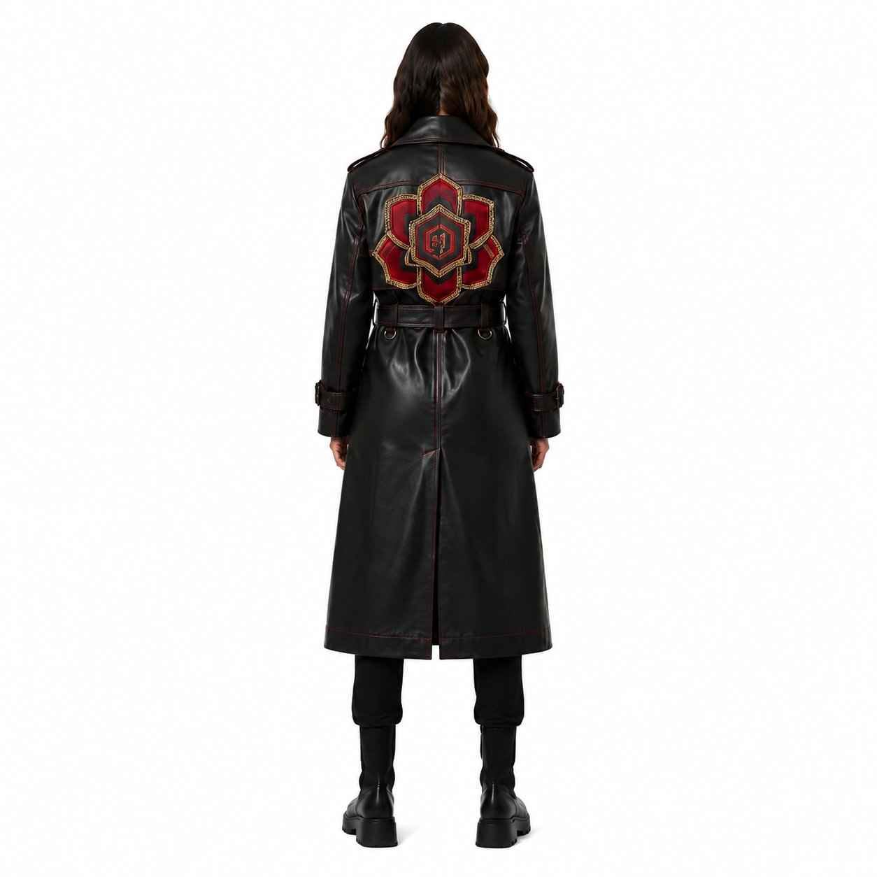 Women's Black Leather Trench Coat with Red Contrast Stitching manufacturing detail 2
