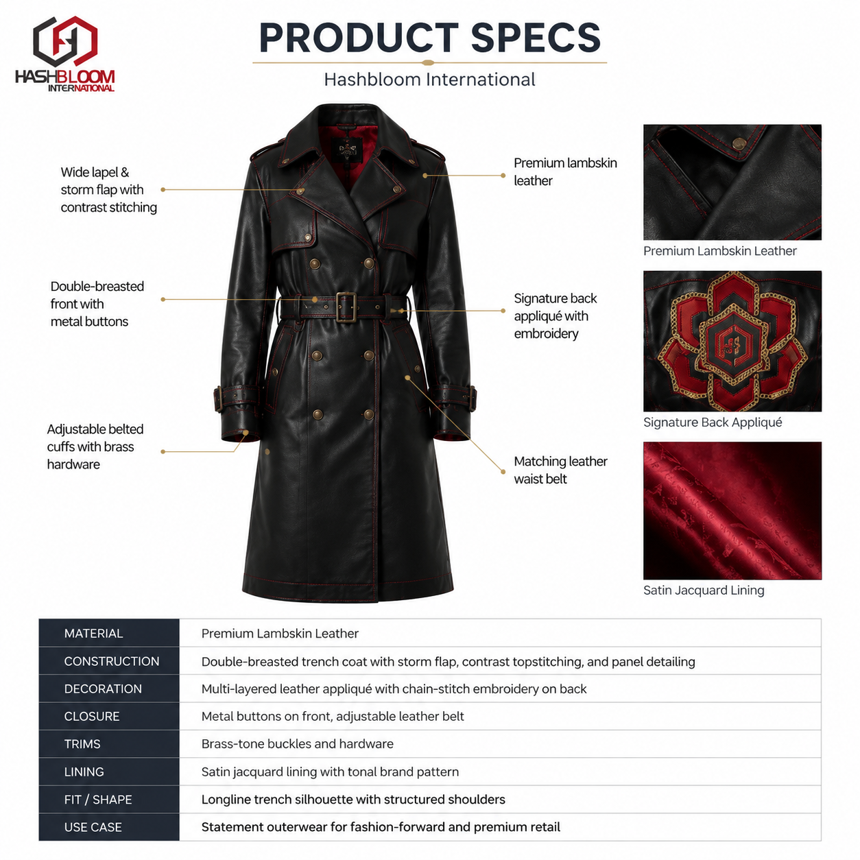 Women's Black Leather Trench Coat with Red Contrast Stitching manufacturing detail 3