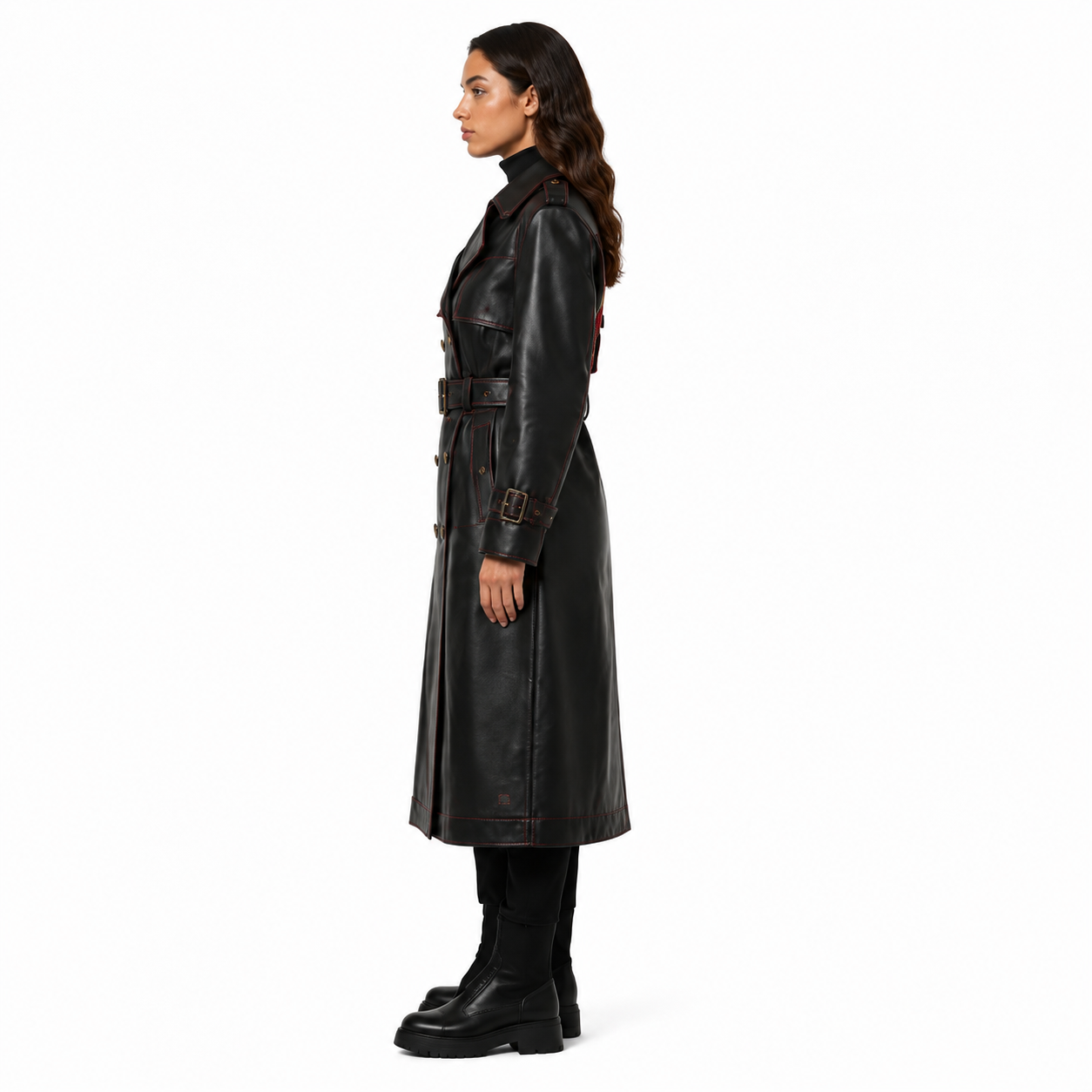 Women's Black Leather Trench Coat with Red Contrast Stitching manufacturing detail 4