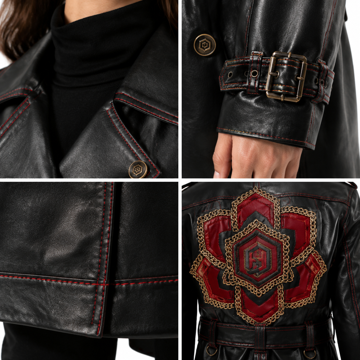 Women's Black Leather Trench Coat with Red Contrast Stitching manufacturing detail 5