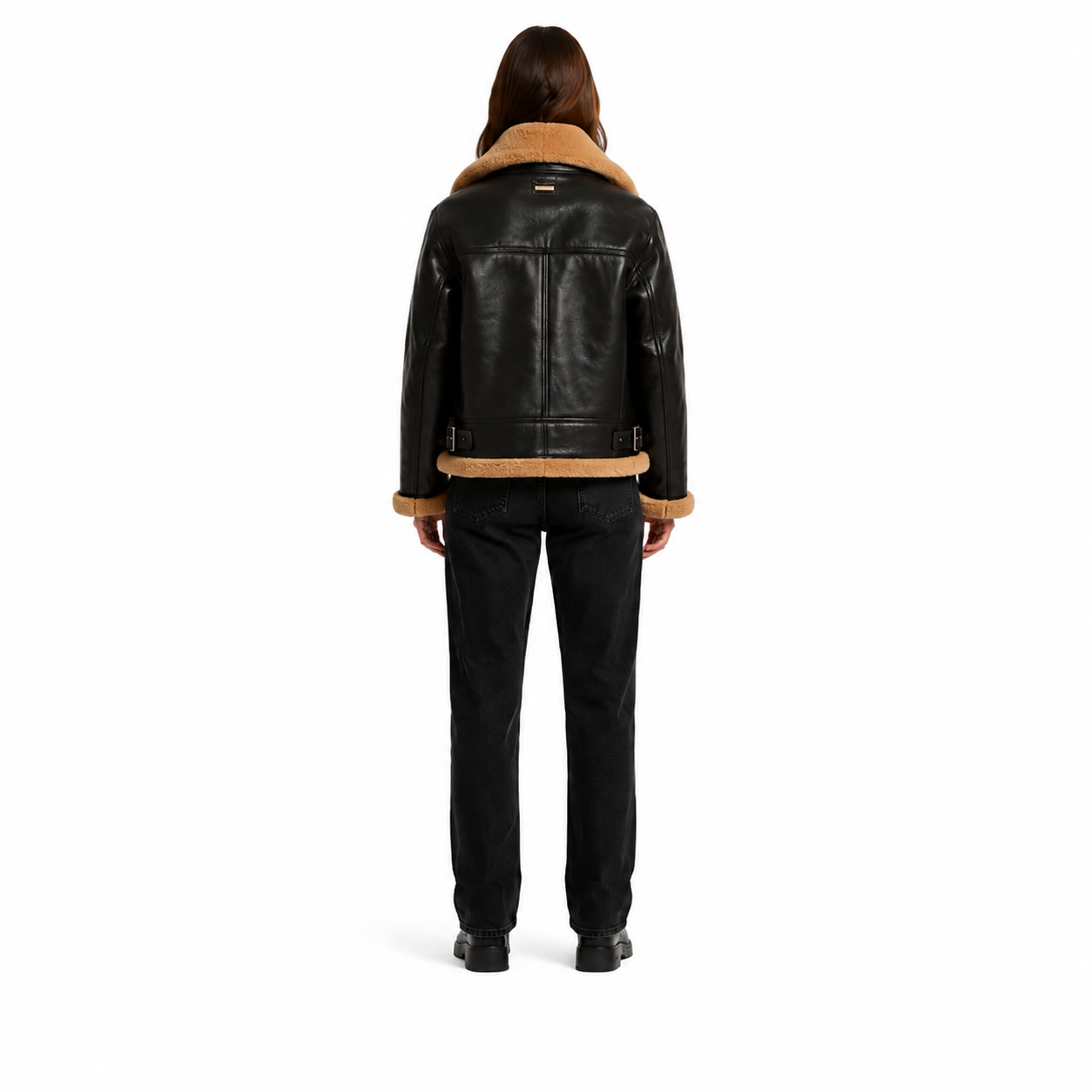 Women's Black Shearling Aviator Jacket manufacturing detail 2