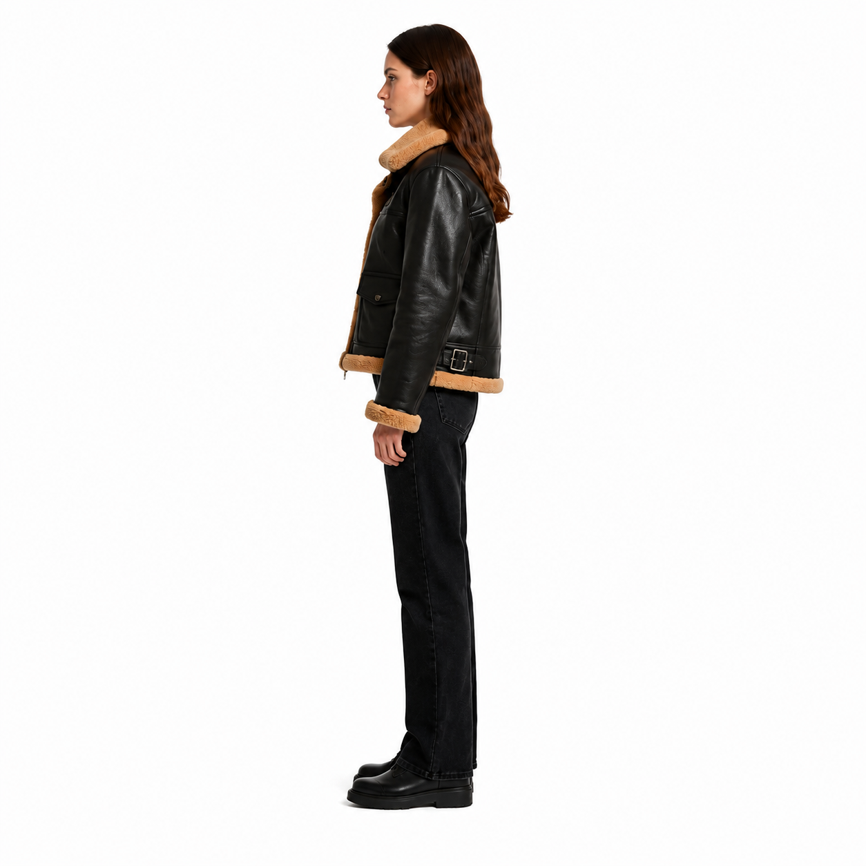 Women's Black Shearling Aviator Jacket manufacturing detail 3