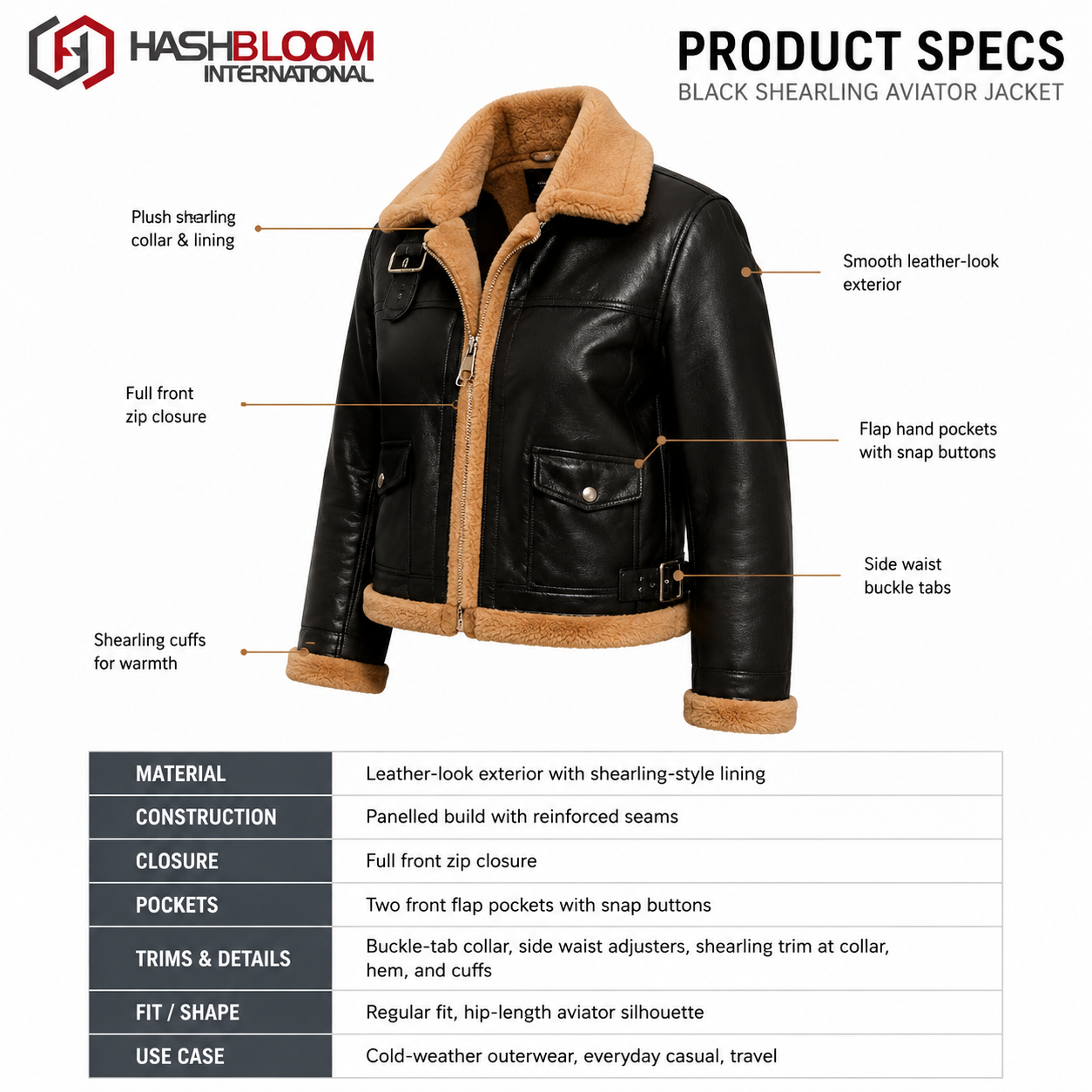 Women's Black Shearling Aviator Jacket manufacturing detail 5