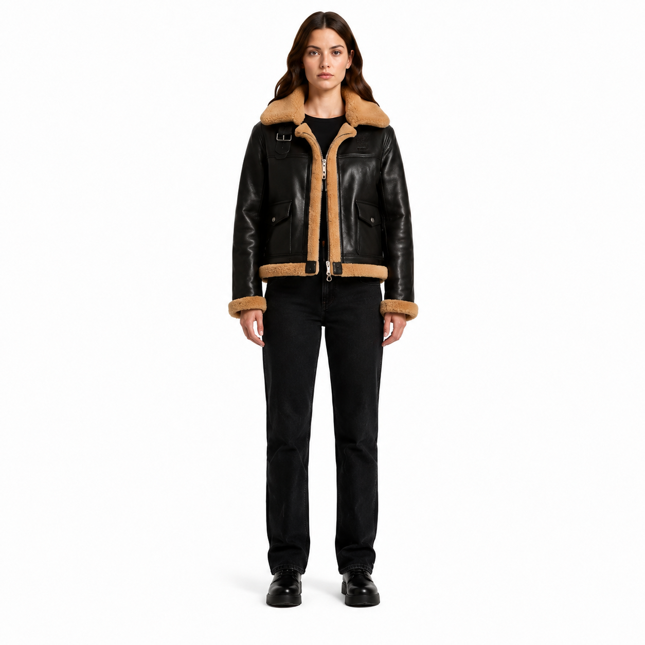 Women's Black Shearling Aviator Jacket - Custom Leather Manufacturer Sialkot Pakistan