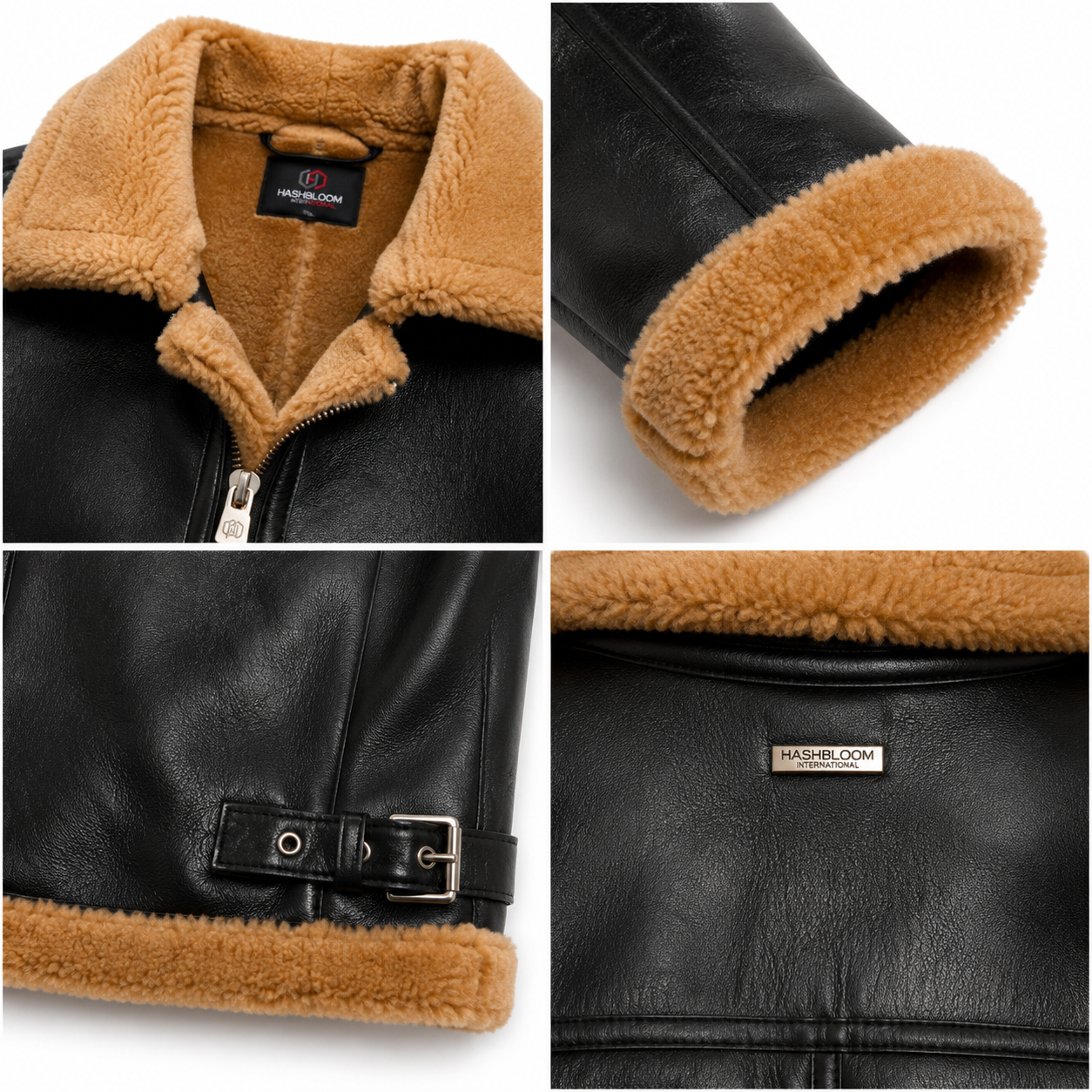 Women's Black Shearling Aviator Jacket manufacturing detail 4
