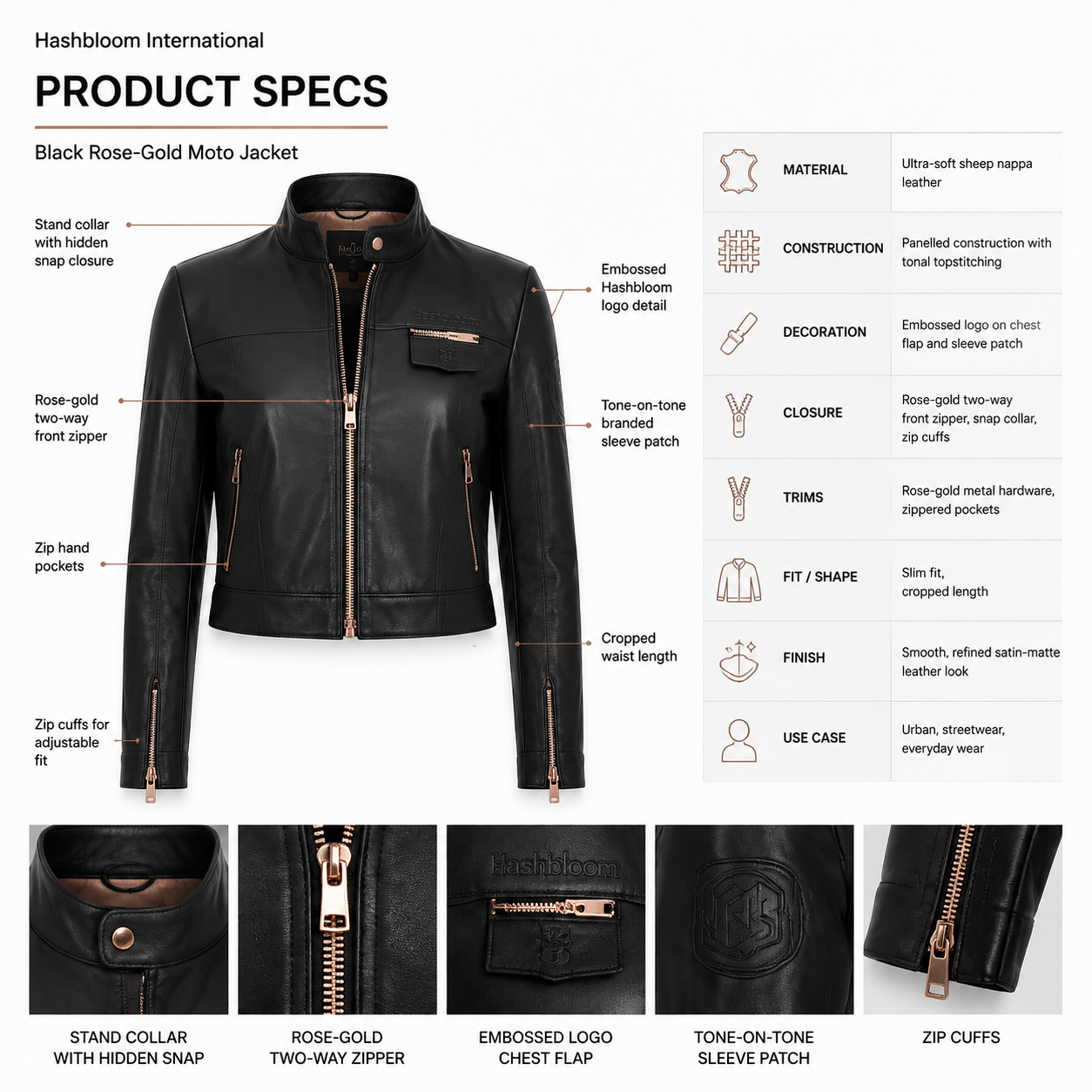 Women's Black Sheep Nappa Rose Gold Moto Jacket manufacturing detail 4