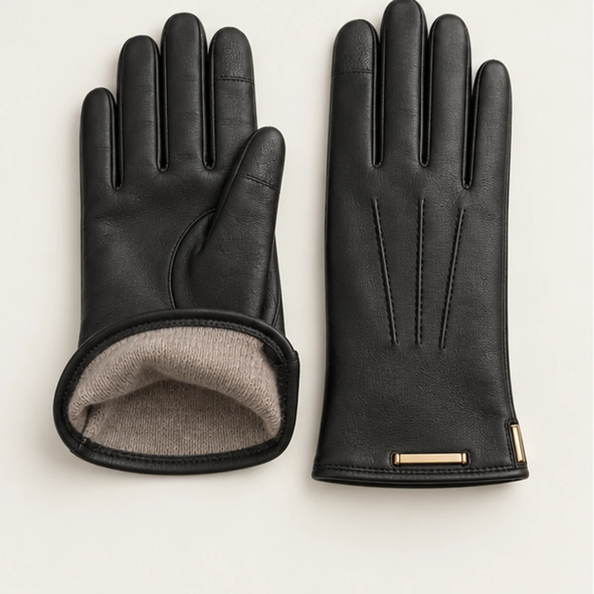 Women's Black Touchscreen Cashmere-Lined Leather Gloves manufacturing detail 3