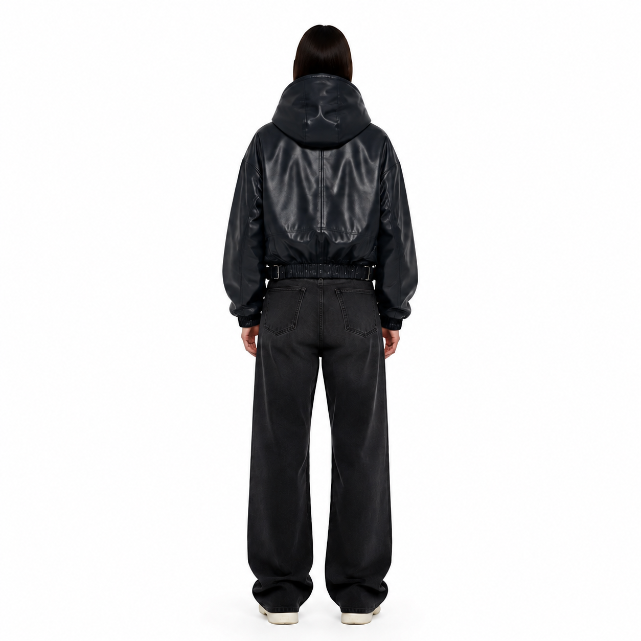 Women's Black Vegan Leather Oversized Hooded Bomber Jacket manufacturing detail 2