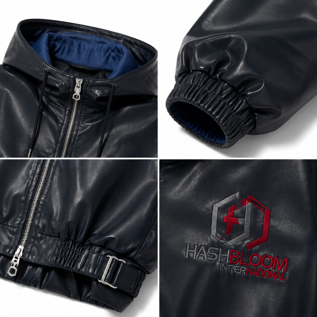 Women's Black Vegan Leather Oversized Hooded Bomber Jacket manufacturing detail 5