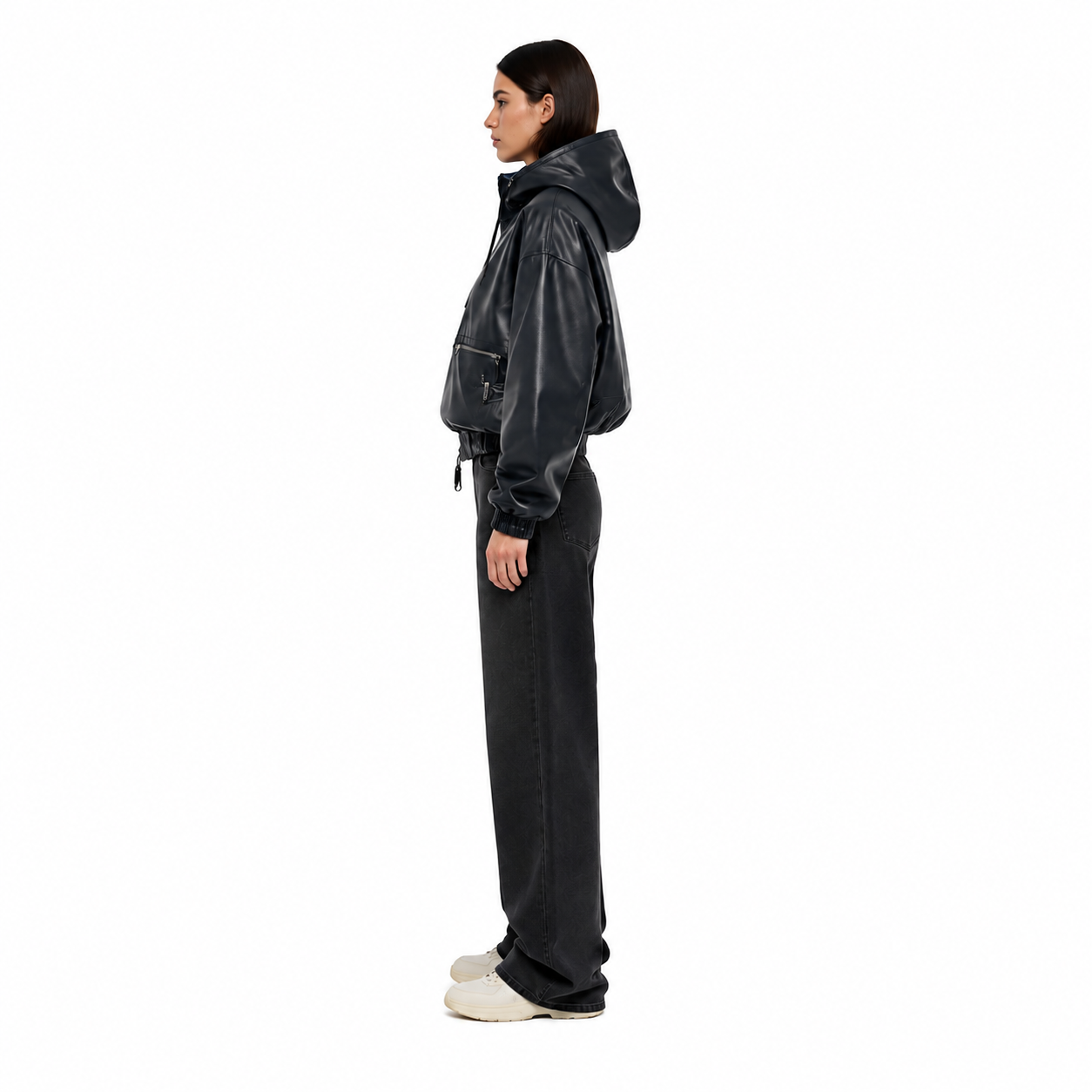 Women's Black Vegan Leather Oversized Hooded Bomber Jacket manufacturing detail 3