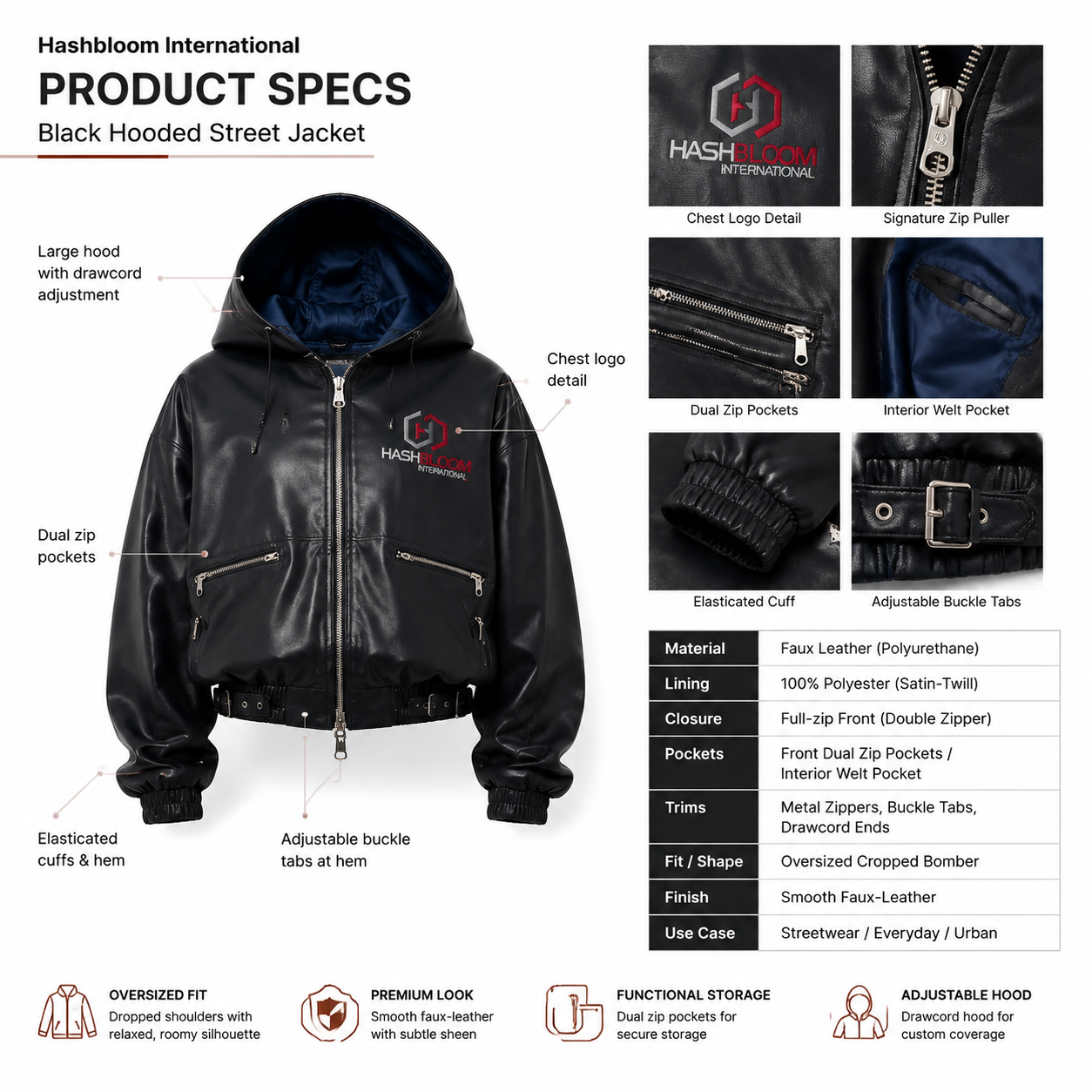 Women's Black Vegan Leather Oversized Hooded Bomber Jacket manufacturing detail 4