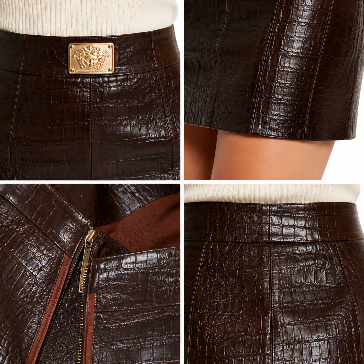 Women's Brown Croc-Embossed Lambskin Mini Skirt manufacturing detail 4