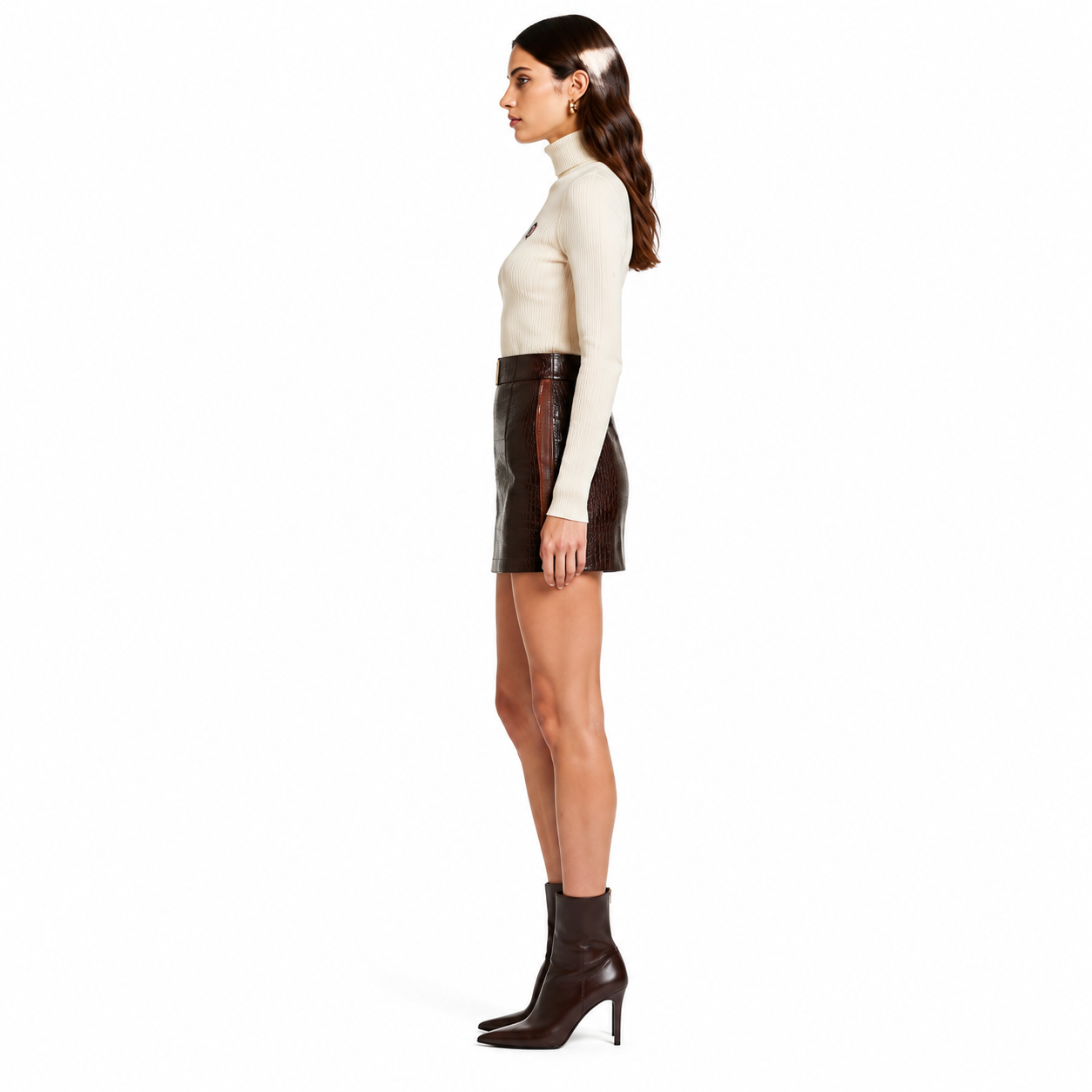 Women's Brown Croc-Embossed Lambskin Mini Skirt manufacturing detail 3