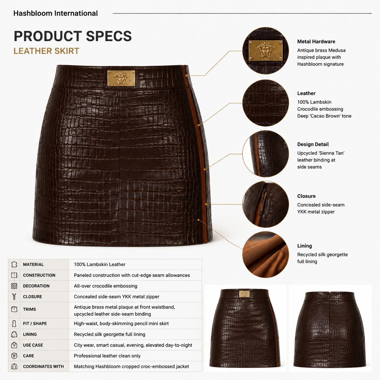 Women's Brown Croc-Embossed Lambskin Mini Skirt manufacturing detail 5
