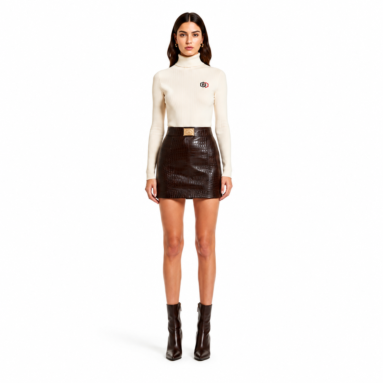 Women's Brown Croc-Embossed Lambskin Mini Skirt - Custom Leather Manufacturer Sialkot Pakistan