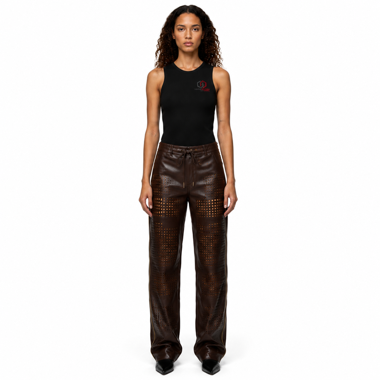 Women's Brown Perforated Nappa Lambskin Leather Pants - Custom Leather Manufacturer Sialkot Pakistan