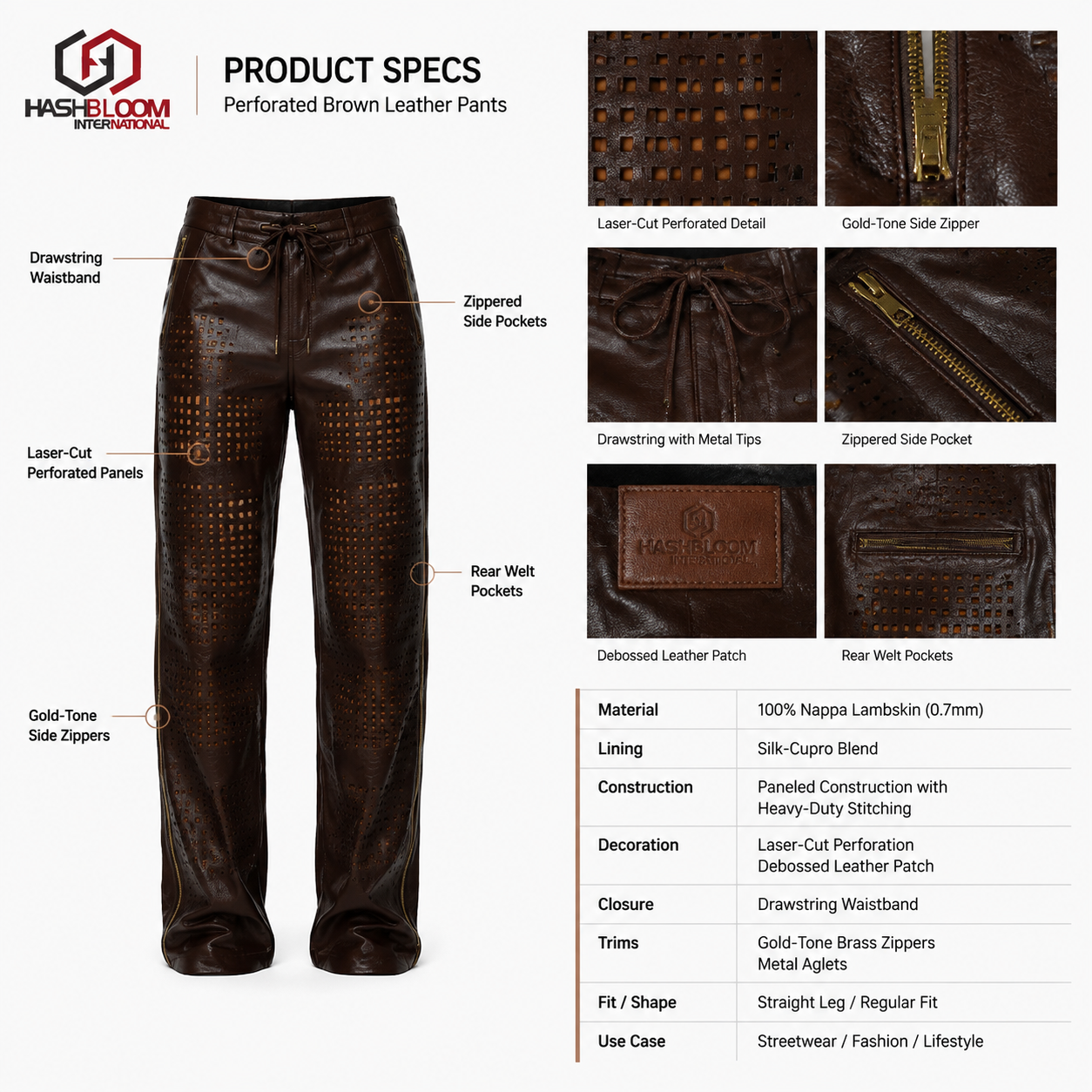 Women's Brown Perforated Nappa Lambskin Leather Pants manufacturing detail 5