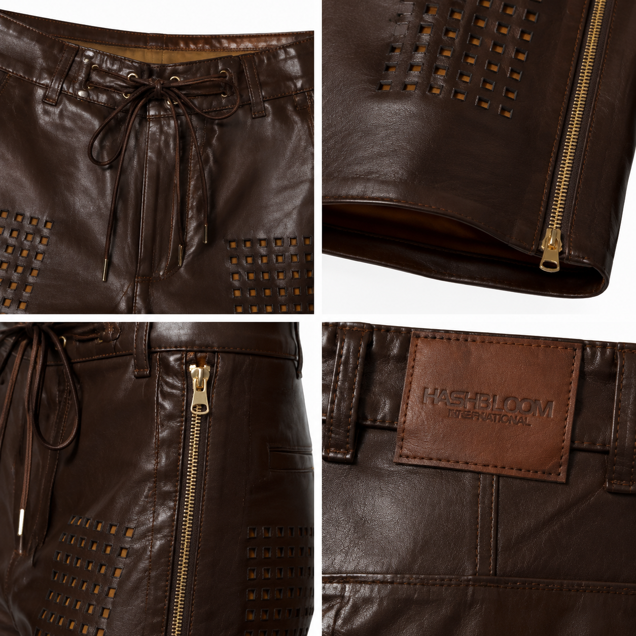 Women's Brown Perforated Nappa Lambskin Leather Pants manufacturing detail 4