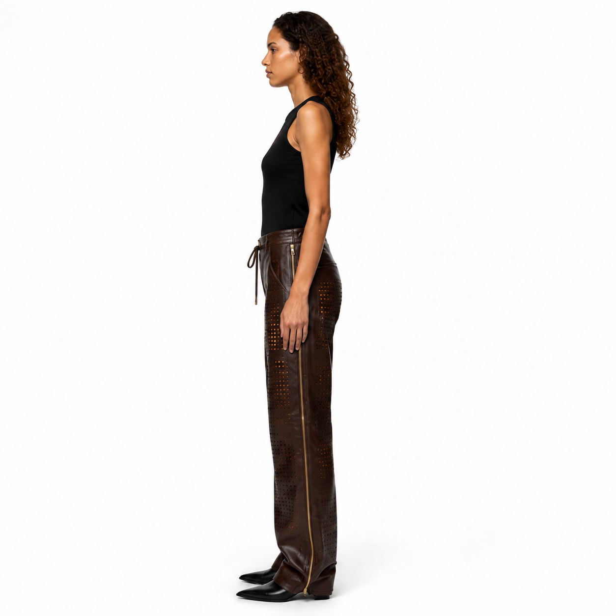 Women's Brown Perforated Nappa Lambskin Leather Pants manufacturing detail 3