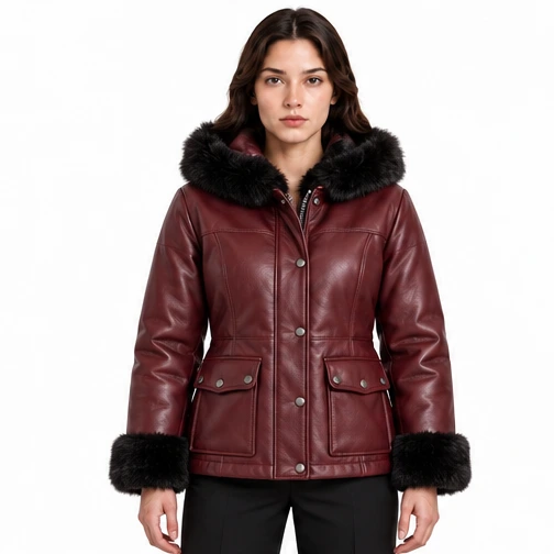 Women's Burgundy Hooded Faux-Fur Sheep Leather Jacket - Custom Leather Manufacturer Sialkot Pakistan